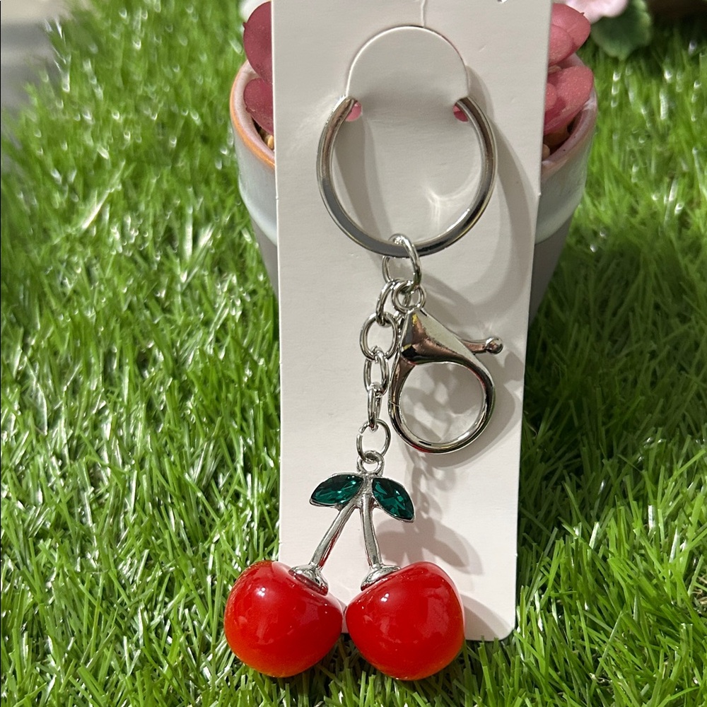 Fashion Jewelry Red Cherry Keychain with Silver Details